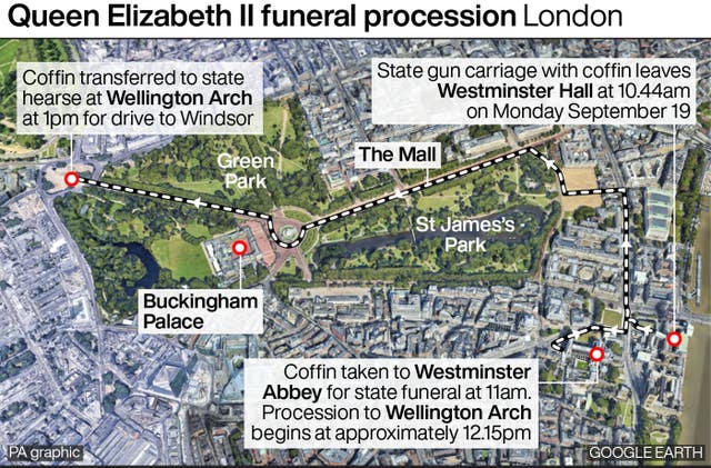 PA infographic showing the Queen's funeral procession in London