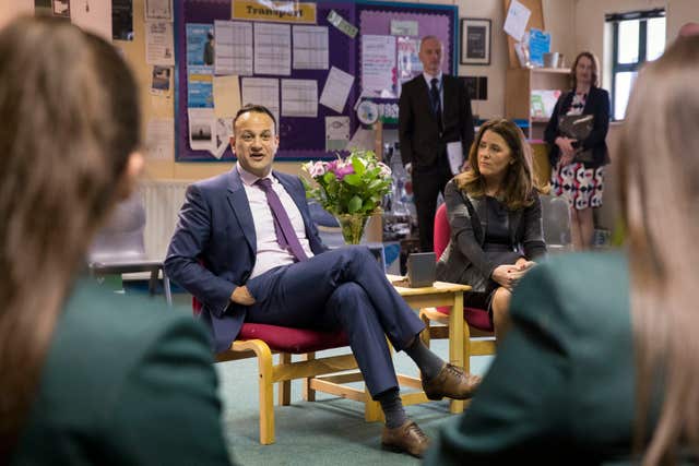 Leo Varadkar speaks with students at Newbridge Integrated College (Liam McBurney/PA)