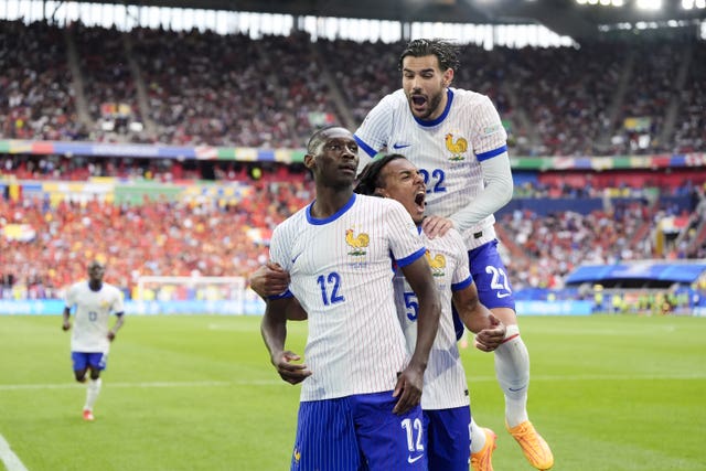 France’s Randal Kolo Muani (centre) celebrates with team-mates after a goal at Euro 2024