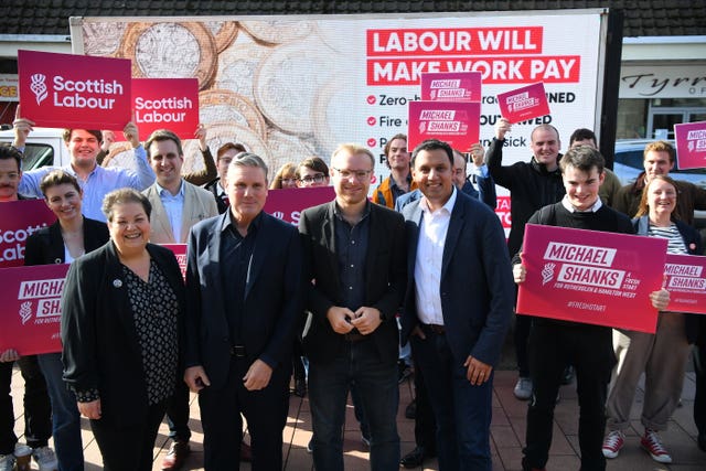 Left to right, Scottish Labour deputy leader Dame Jackie Baillie, Labour leader Sir Keir Starmer, Scottish Labour candidate Michael Shanks and Scottish Labour leader Anas Sarwar at a party rally in Rutherglen ahead of the Rutherglen and Hamilton West by-election