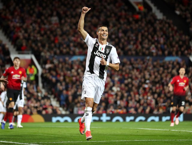 Cristiano Ronaldo celebrates scoring for Juventus against Manchester United in 2018