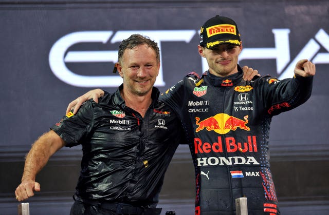 Max Verstappen, right, alongside Red Bull team principal Christian Horner 