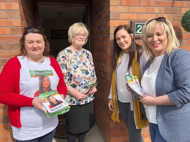 Sinn Fein’s West Tyrone candidate Orfhlaith Begley (second right) (SF/PA)