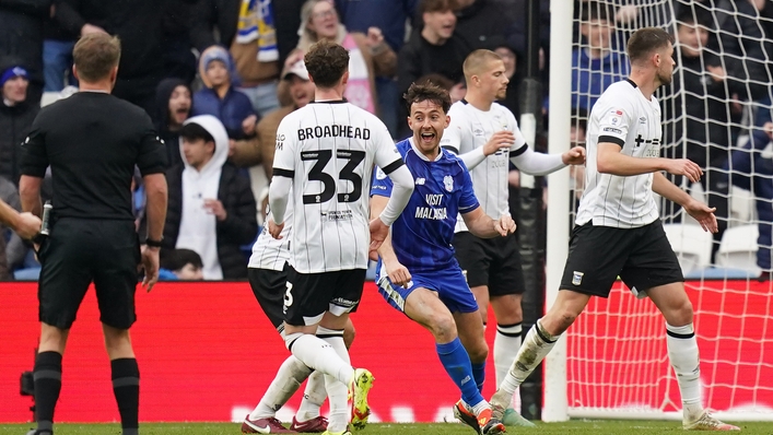 Ryan Wintle (centre) celebrates scoring for Cardiff in their dramatic 2-1 win over promotion-chasing Ipswich (Robbie Stephenson/PA)