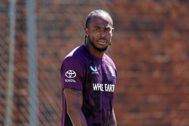Jofra Archer looks on in the nets with England.
