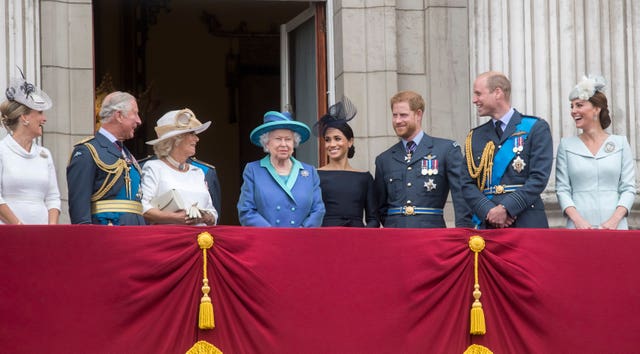 The royal family with the Sussexes on the Palace balcony for the RAF centenary