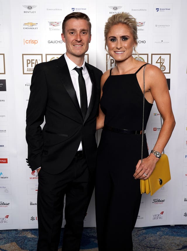 Stephen Darby, left, with his wife Steph Houghton at the 2019 PFA awards