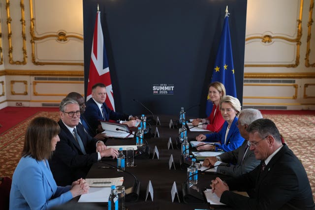 Chancellor Rachel Reeves, Prime Minister Sir Keir Starmer, Foreign Secretary David Lammy and Paymaster General and Minister for the Cabinet Office for the Constitution and European Relations Nick Thomas-Symonds face European Union high representative for foreign affairs and security policy Kaja Kallas, European Commission president Ursula von der Leyen, European Council president Antonio Costa and EU commissioner for trade and economic security Maros Sefcovic during a meeting at the UK-EU Summit at Lancaster House in central London