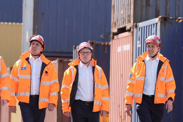 Scottish Labour leader Anas Sarwar, Labour leader Sir Keir Starmer and shadow secretary of state for energy security and net zero Ed Miliband at the Port of Greenock