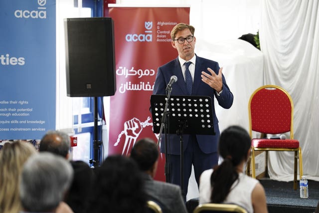 Tobias Ellwood, chairman of the Defence Select Committee, speaking at an event organised by the Afghanistan and Central Asian Association (ACAA) in Feltham, on the second anniversary of the Taliban takeover of Afghanistan
