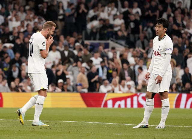 Son Heung-min, right, and Harry Kane react after a missed chance against Marseille