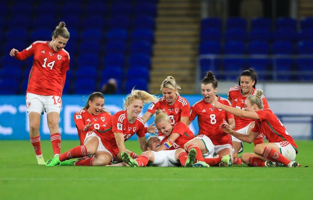 Wales celebrate the winning goal