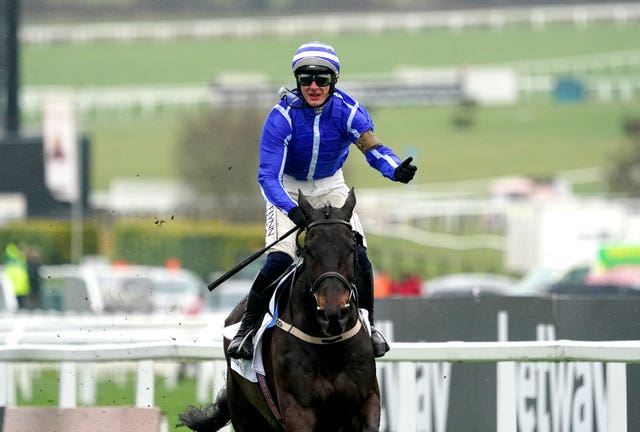 Paul Townend celebrates winning the 2023 Champion Chase on Energumene