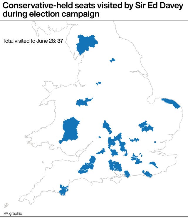 A map showing Conservative-held seats visited by Sir Ed Davey during the election campaign