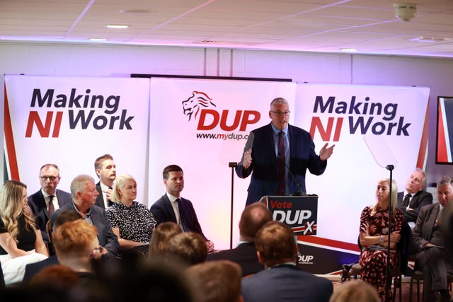 DUP leader Gavin Robinson speaking during the launch the party’s manifesto