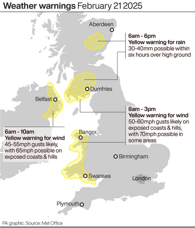 Map of UK showing weather warning areas highlighted in yellow