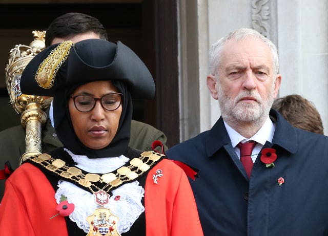 Labour leader Jeremy Corbyn joined Islington’s Mayor Rakhia Ismail outside Islington Town Hall