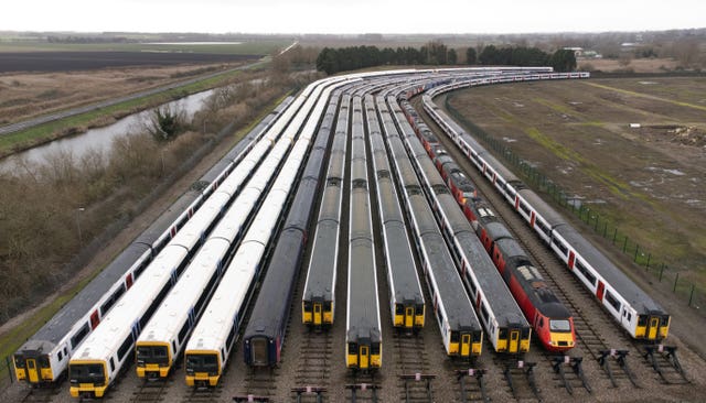 Trains stored at a sidings in Cambridgeshire as train drivers went on stri
