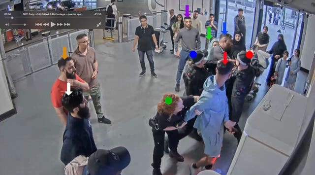 Pc Lydia Ward (green dot) and Mohammed Fahir Amaaz (red arrow), Pc Ellie Cook (blue dot), Pc Zachary Marsden (red dot) and Muhammad Amaad (blue arrow), during the alleged assault of the three police officers 