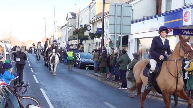 The Grove and Rufford Hunt Boxing Day meet sets off along Bawtry High Street in South Yorkshire