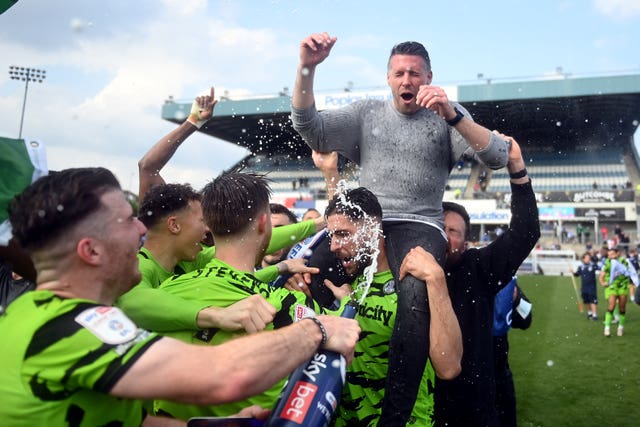 Rob Edwards celebrates Forest Green's promotion