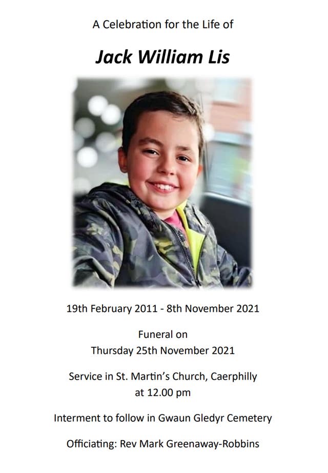 The order of service for the funeral of Jack Lis at St Martin’s Church, Caerphilly (Ben Birchall/PA)