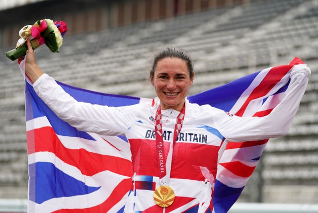 Great Britain’s Sarah Storey celebrates gold in Tokyo