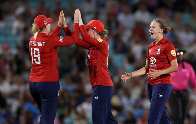 England bowler Lauren Filer (right) celebrates a wicket in the T20 match against India at the Oval