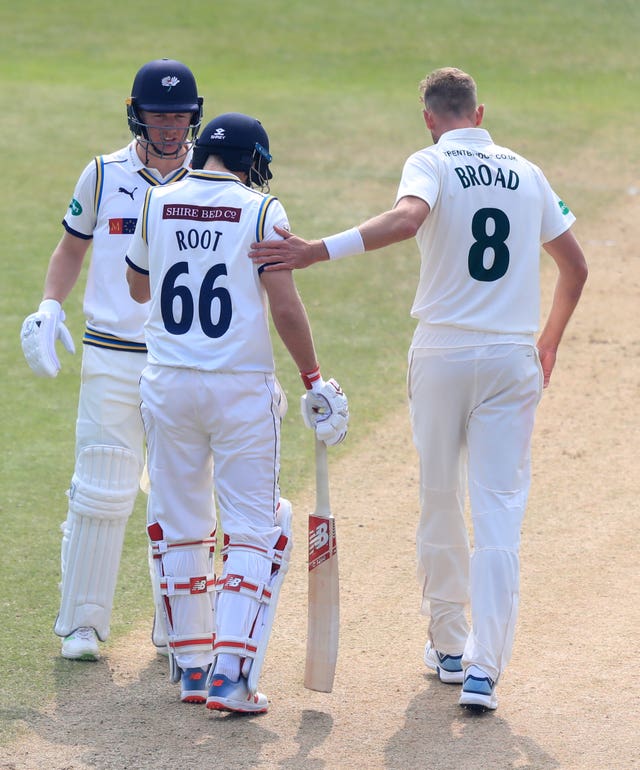 Nottinghamshire's Stuart Broad (right) checks on Yorkshire's Joe Root after hitting him on the helmet during the Specsavers County Championship, which ECB county cricket chief Gordon Hollins insists won't be devalued by The Hundred.