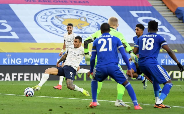 Gabriel Jesus, left, scores Manchester City's second goal in their 2-0 Premier League win against Leicester at the King Power Stadium