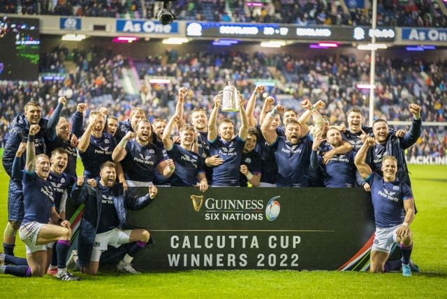 Scotland celebrate after winning the Calcutta Cup