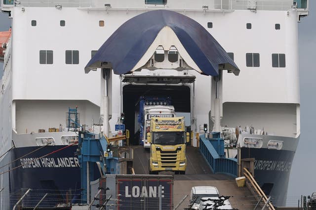 Lorries driving off the European Highlander P&O ferry at the Port of Larne (Liam McBurney/PA)