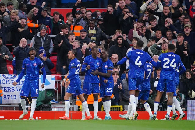 Nicolas Jackson, centre, celebrates with his Chelsea team-mates after scoring against Liverpool