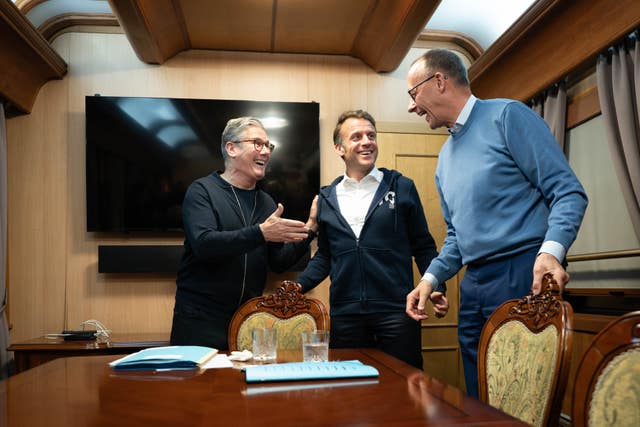 Prime Minister Sir Keir Starmer meets with French President Emanuel Macron and German Chancellor Friedrich Merz onboard a train to the Ukrainian capital Kyiv