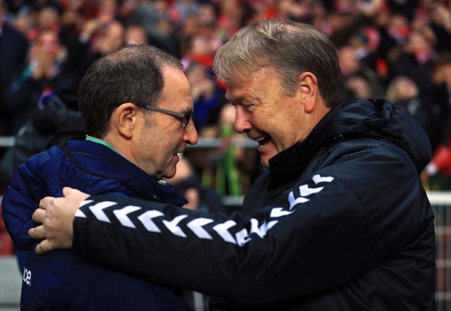 Republic of Ireland manager Martin O’Neill (left) is greeted by Denmark counterpart Age Hareide