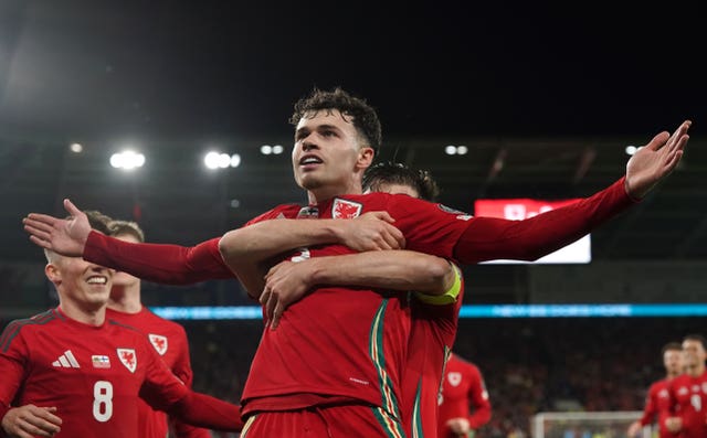 Wales’ Neco Williams celebrates scoring 