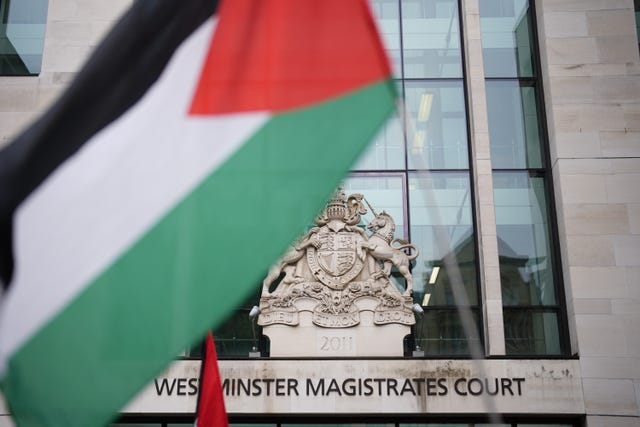 Supporters outside Westminster Magistrates’ Court, London. 