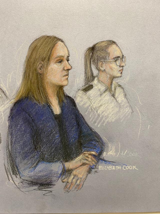 Court artist sketch by Elizabeth Cook of Lucy Letby appearing in the dock at Manchester Crown Court