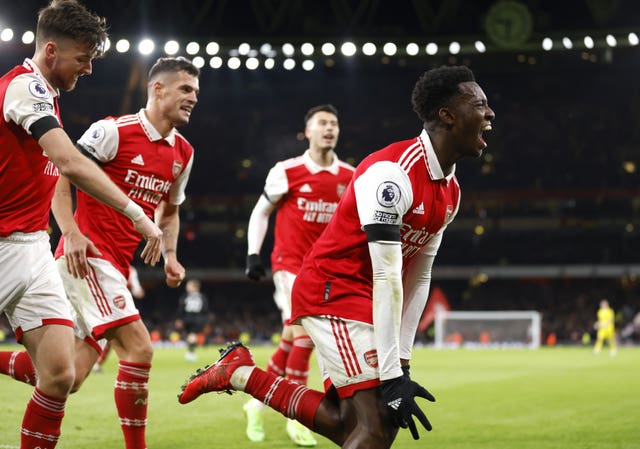 Arsenal’s Eddie Nketiah celebrates scoring 