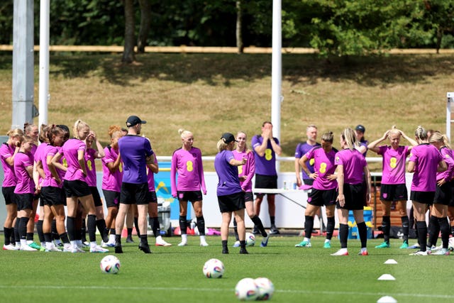 England manager Sarina Wiegman speaks to her squad