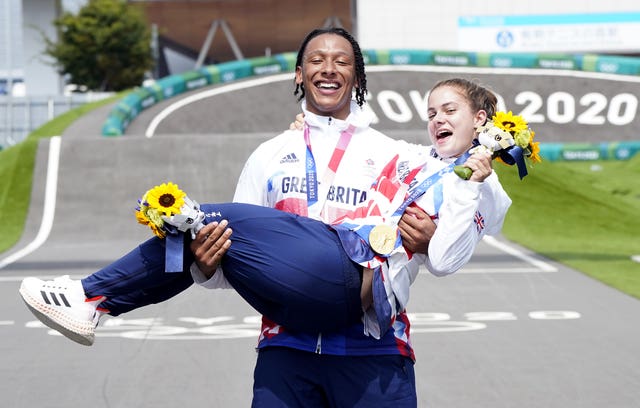 Bethany Shriever and Kye Whyte celebrate their gold and silver medals