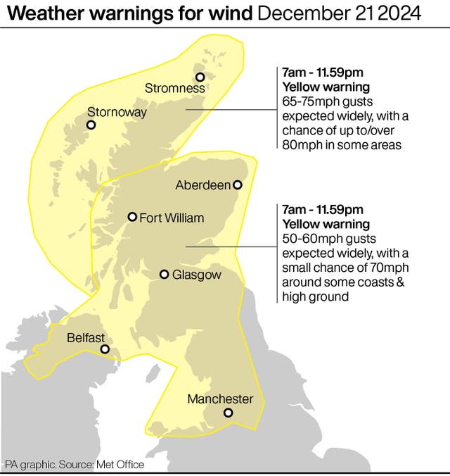 A PA graphic showing weather warnings for wind on December 21