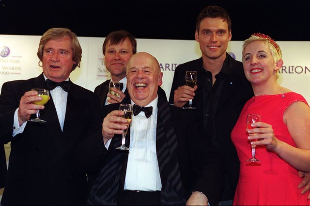 Members of the Coronation Street cast at the British Soap Awards in 1999, from left, Bill Roache, David Neilson, John Savident, Steve Billington and Julie Hesmondhalgh