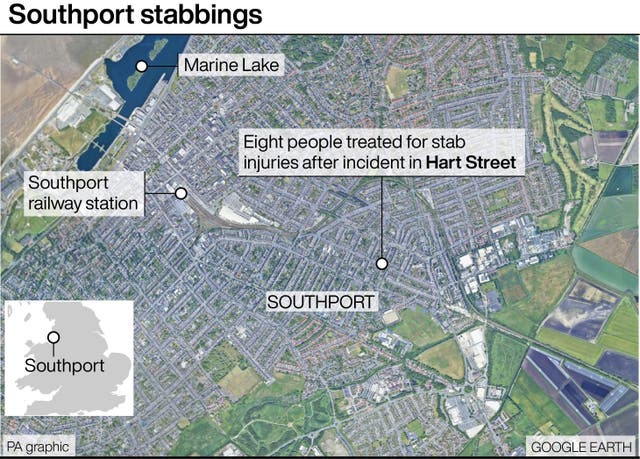 A locator graphic of Southport following stabbings