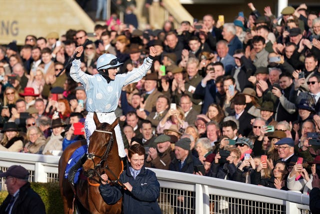 Rachael Blackmore celebrates after winning aboard Honeysuckle for the final time