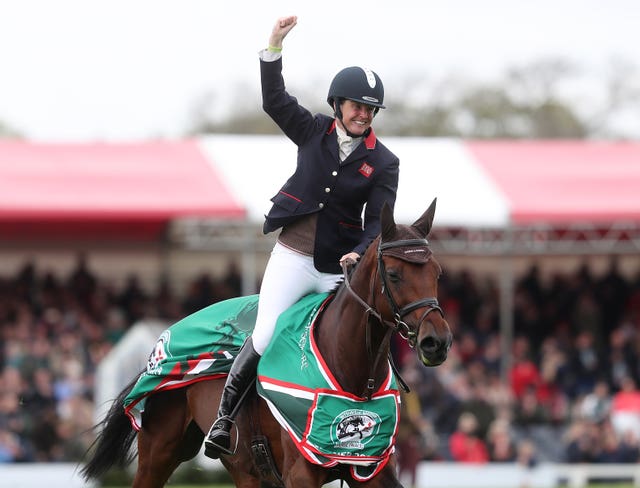 Piggy French celebrates her victory on Vanir Kamira during day four of the 2019 Mitsubishi Motors Badminton Horse Trials in Gloucestershire 