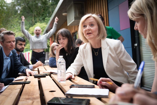 Foreign Secretary and Tory leadership candidate Liz Truss speaks to the press during a visit to the children’s charity Little Miracles in Peterborough, to speak about the cost-of-living pressures and her vision to ease the burden on families