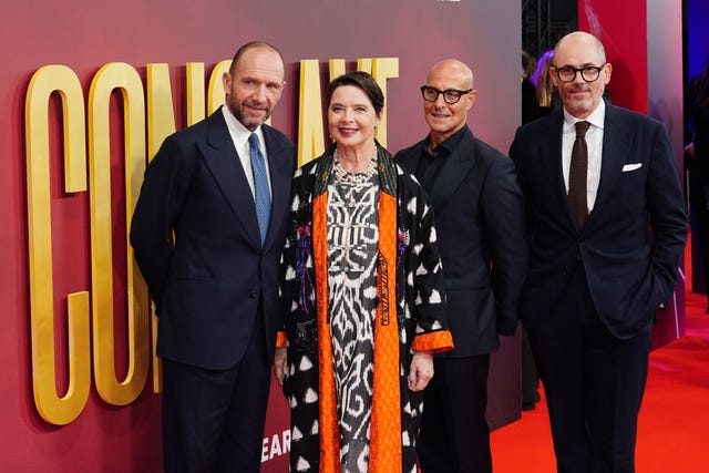Ralph Fiennes, Isabella Rossellini, Stanley Tucci and Edward Berger attend the BFI London Film Festival gala screening of Conclave at the Royal Festival Hall, Southbank Centre in London 