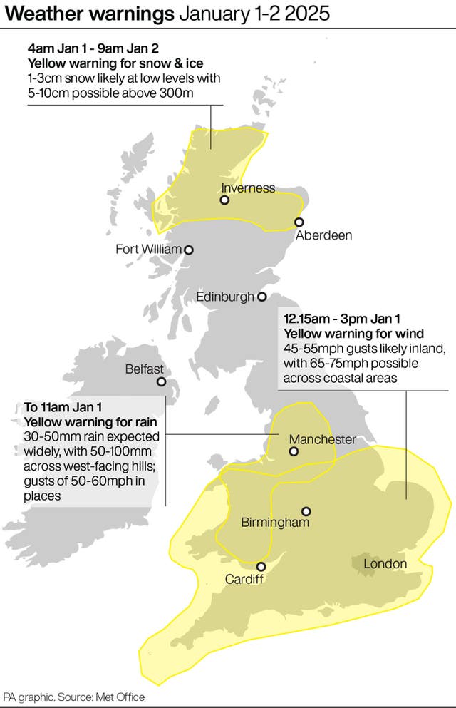 Weather warnings January 1-2 2025