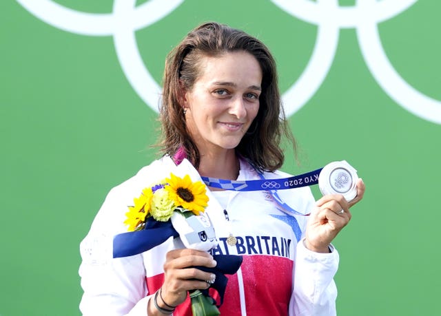 Mallory Franklin celebrates with her silver medal